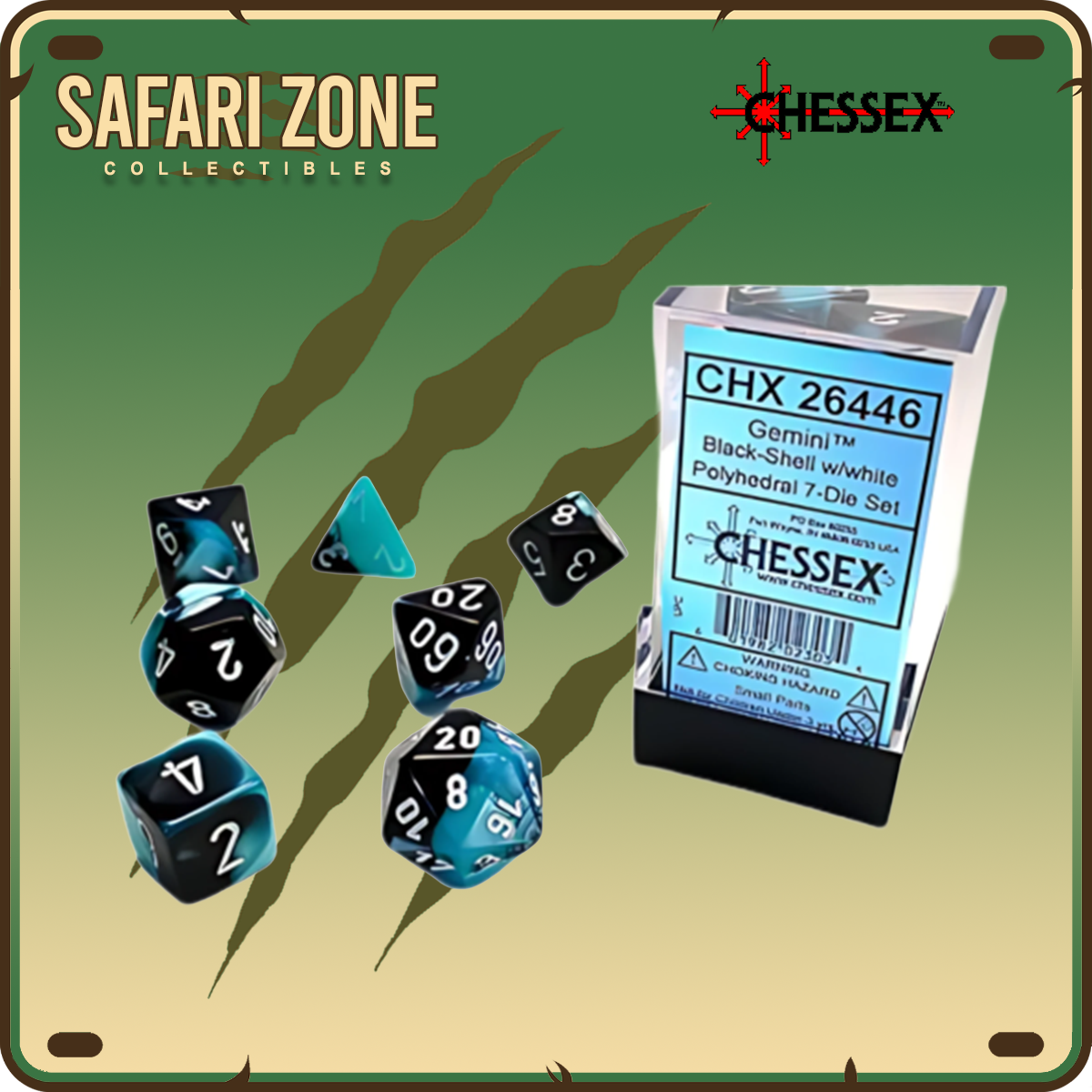 Chessex Dice - 7 Die Set - Gemini - Black-Shell/White