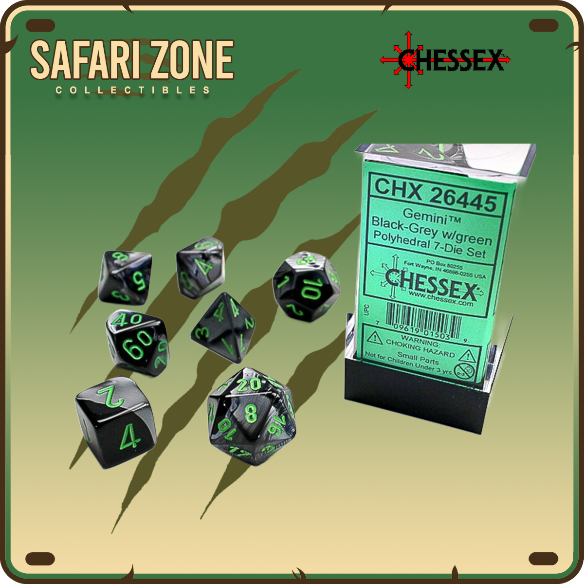 Chessex Dice - 7 Die Set - Gemini - Black-Grey/Green