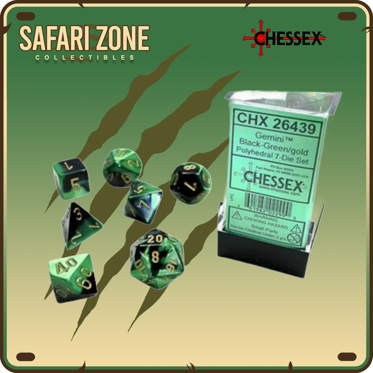 Chessex Dice - 7 Die Set - Gemini - Black-Green/Gold