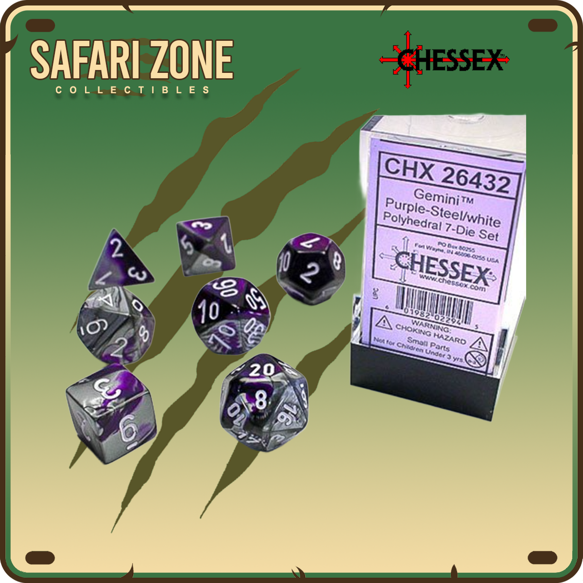 Chessex Dice - 7 Die Set - Gemini - Purple-Steel/White