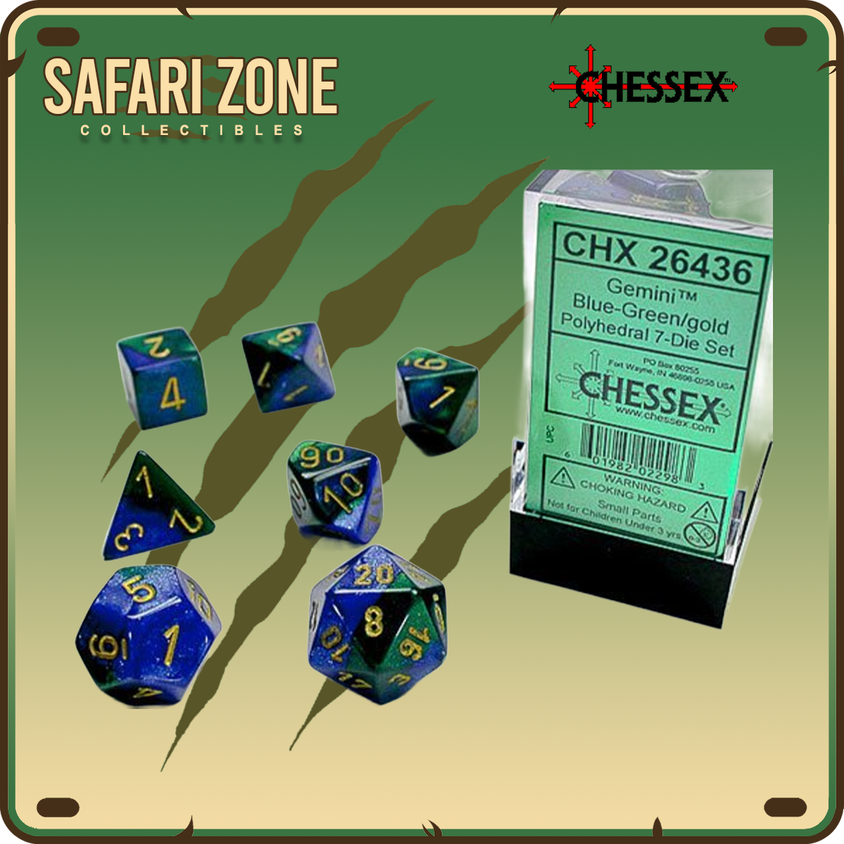 Chessex Dice - 7 Die Set - Gemini - Blue-Green/Gold