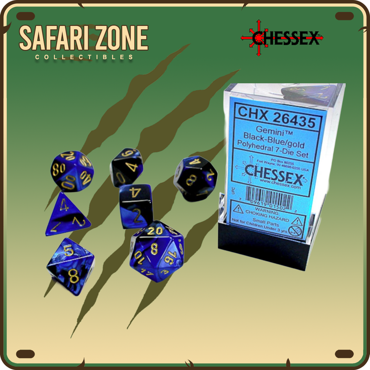 Chessex Dice - 7 Die Set - Gemini -Black-Blue/Gold