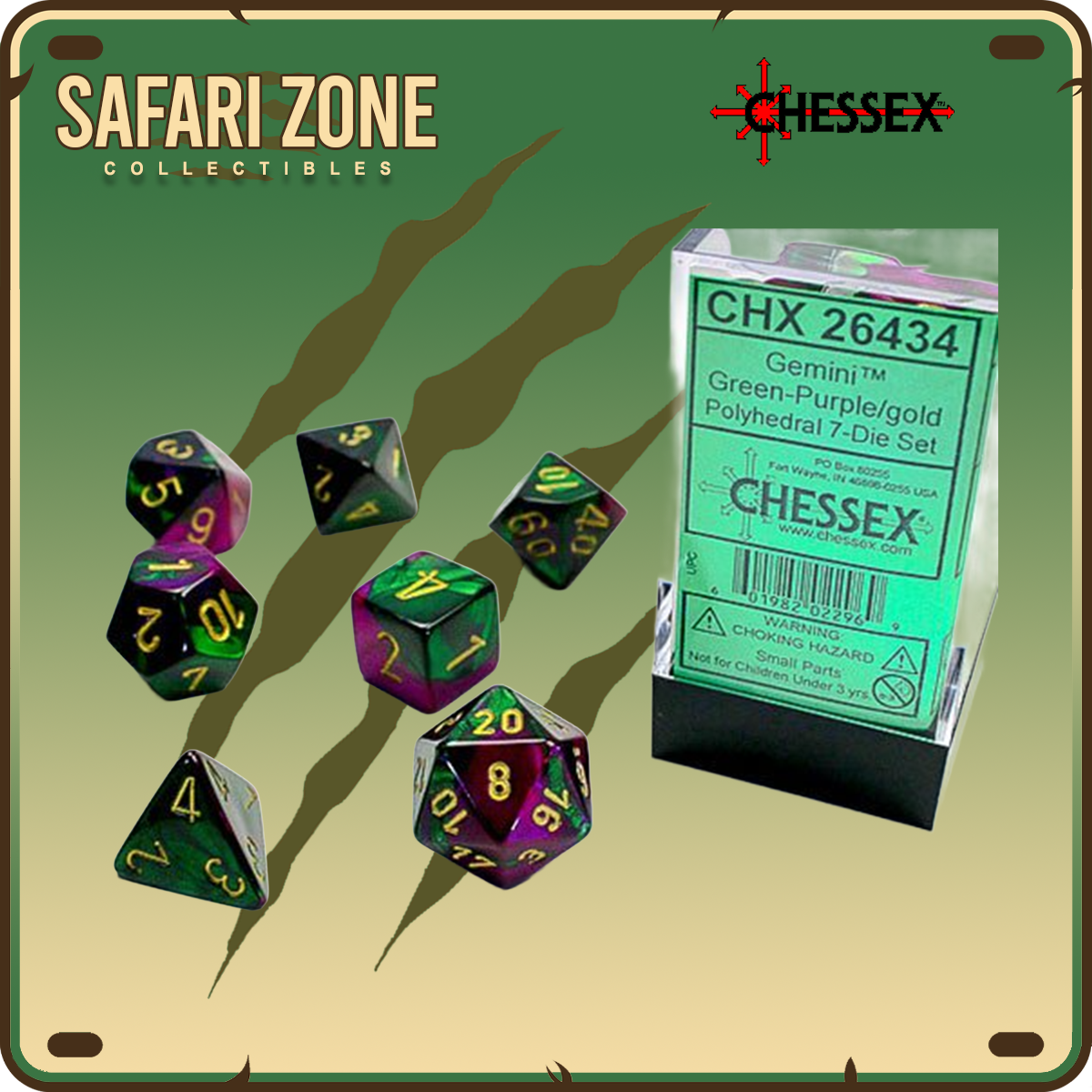 Chessex Dice - 7 Die Set - Gemini - Green-Purple/Gold