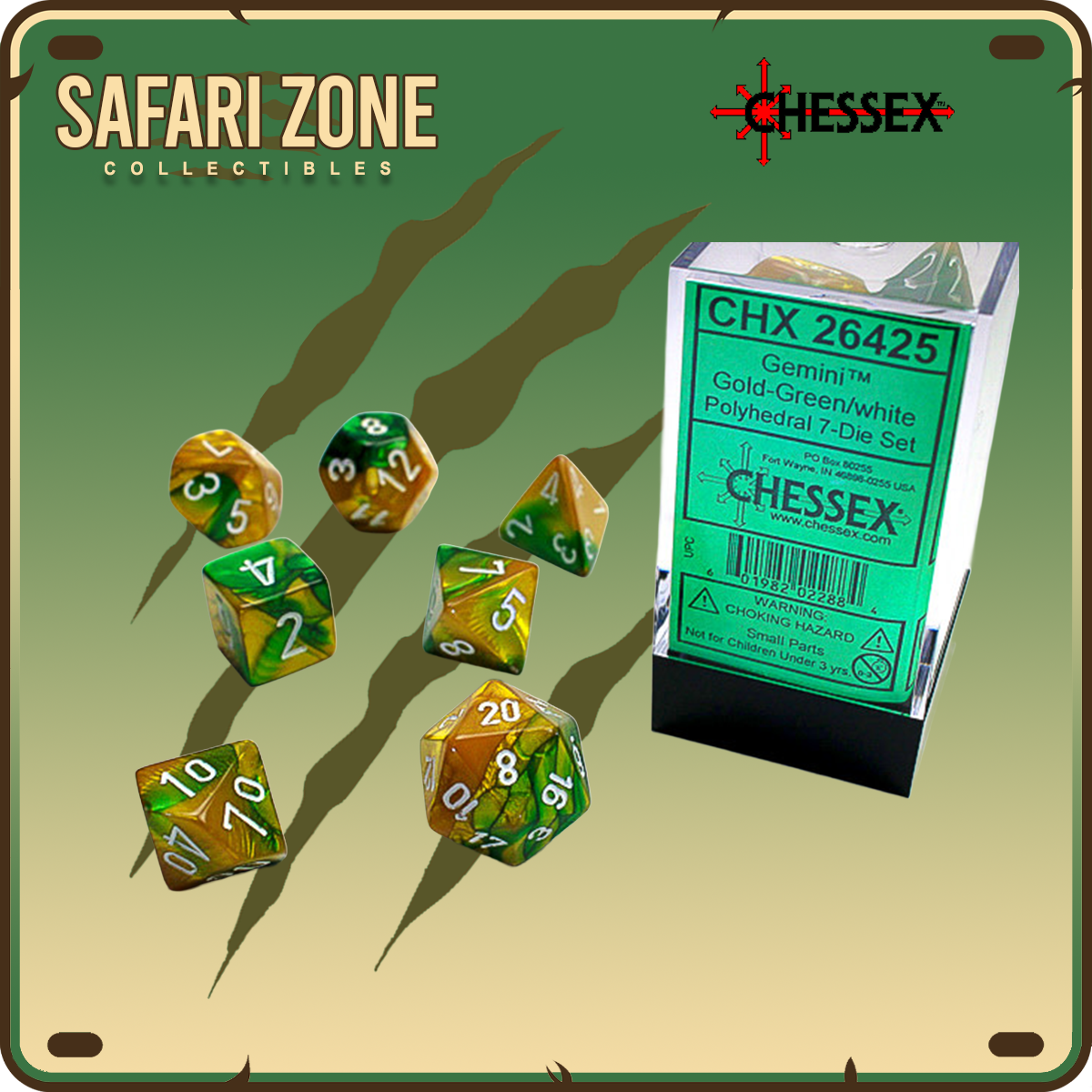 Chessex Dice - 7 Die Set - Gemini - Gold-Green / White