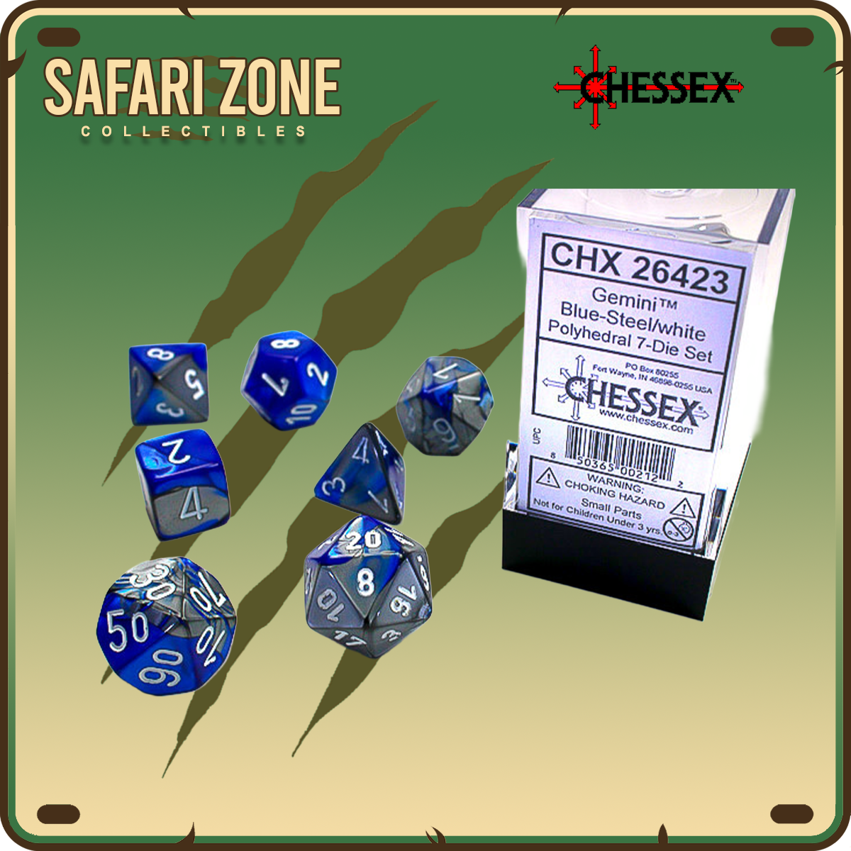 Chessex Dice - 7 Die Set - Gemini - Blue-Steel / White
