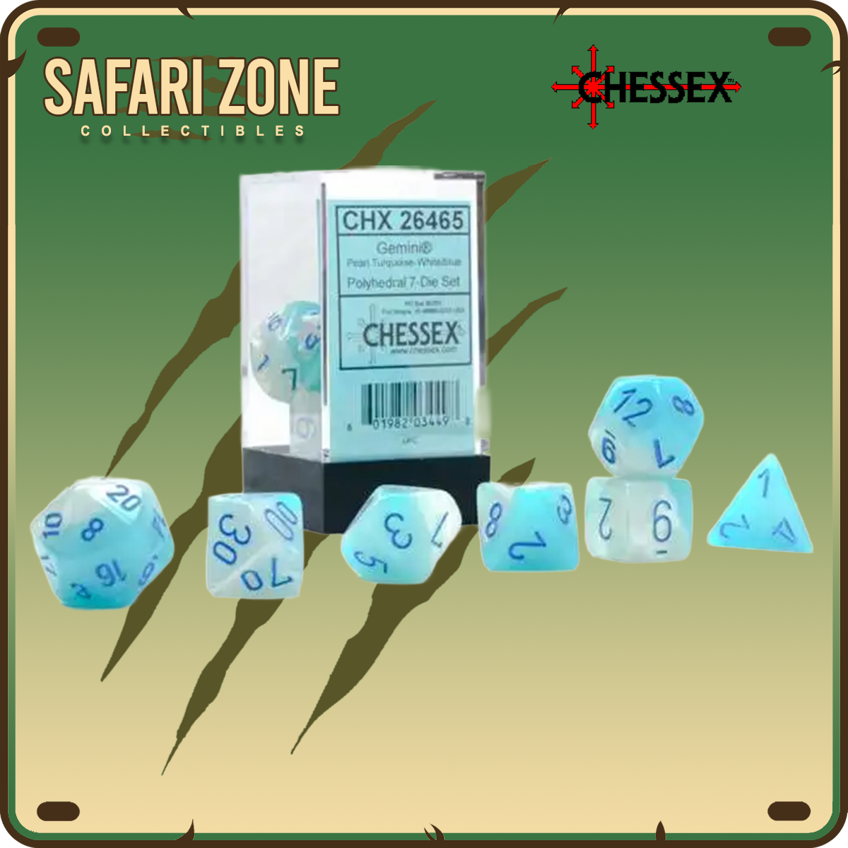 Chessex Dice - 7 Die Set - Gemini - Pearl Turquoise White / Blue