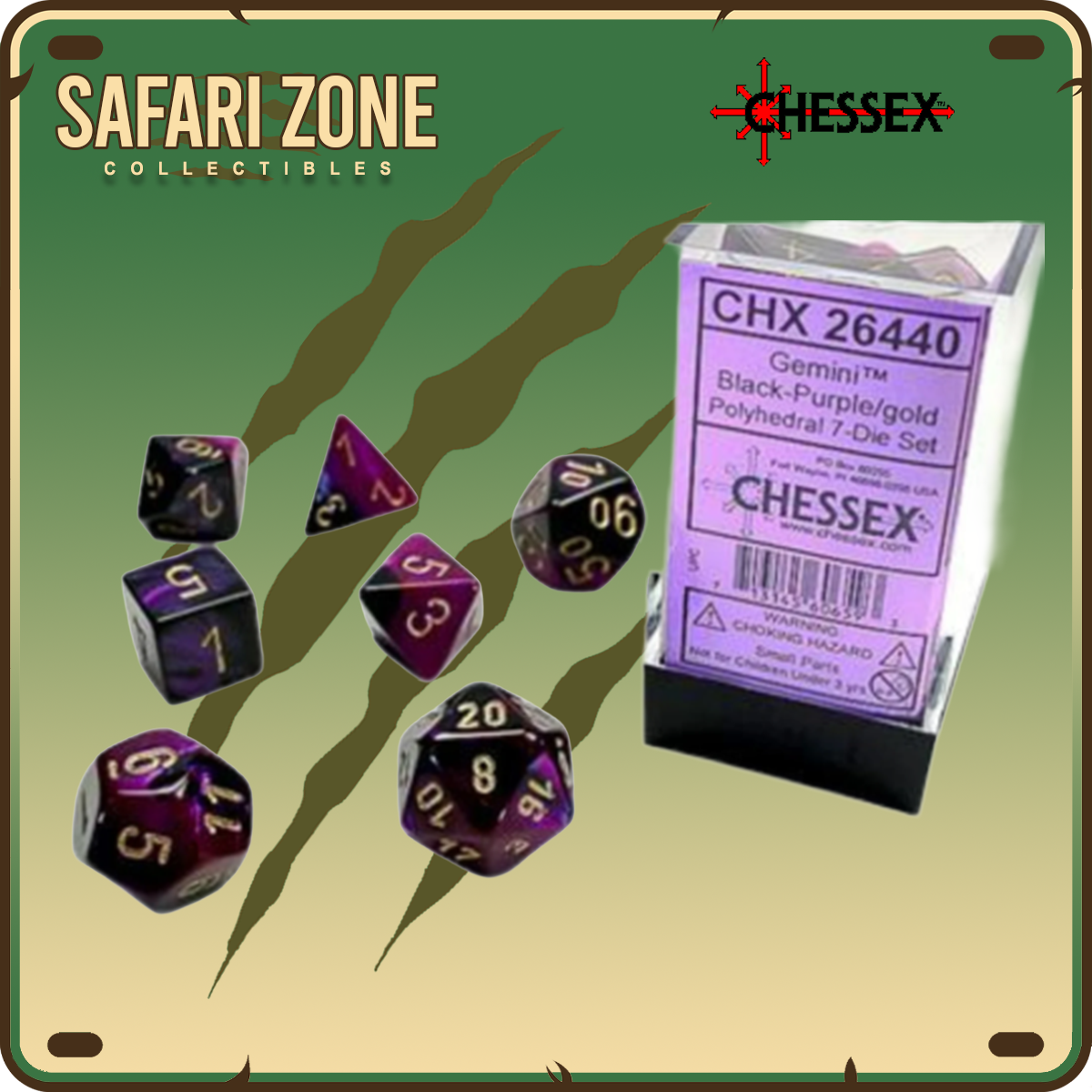 Chessex Dice - 7 Die Set - Gemini - Black-Purple/Gold
