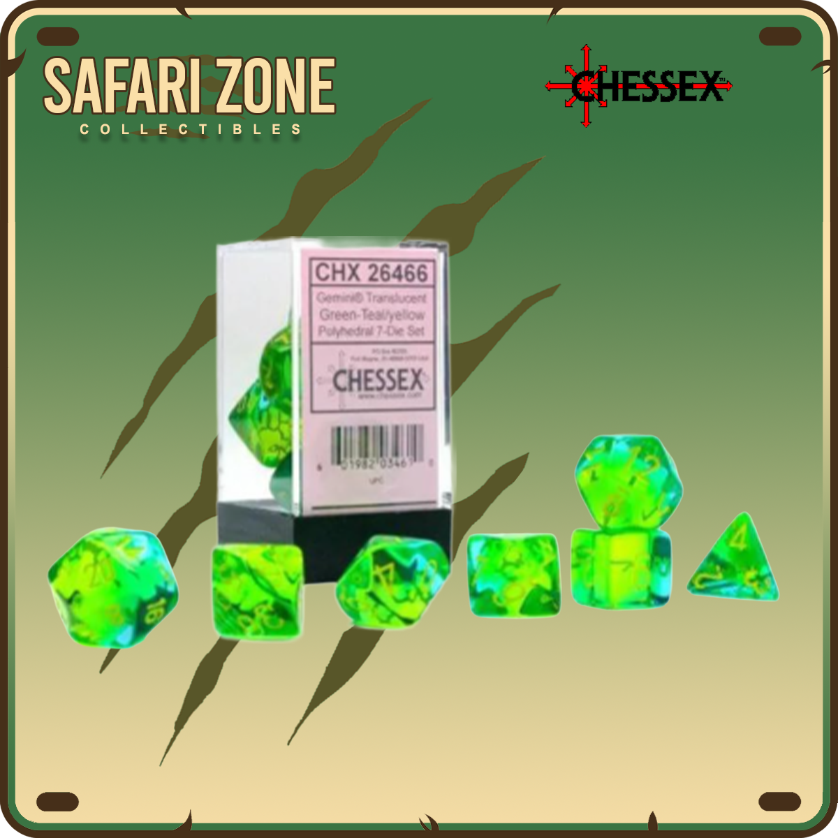 Chessex Dice - 7 Die Set - Gemini - Translucent Green-Teal/Yellow