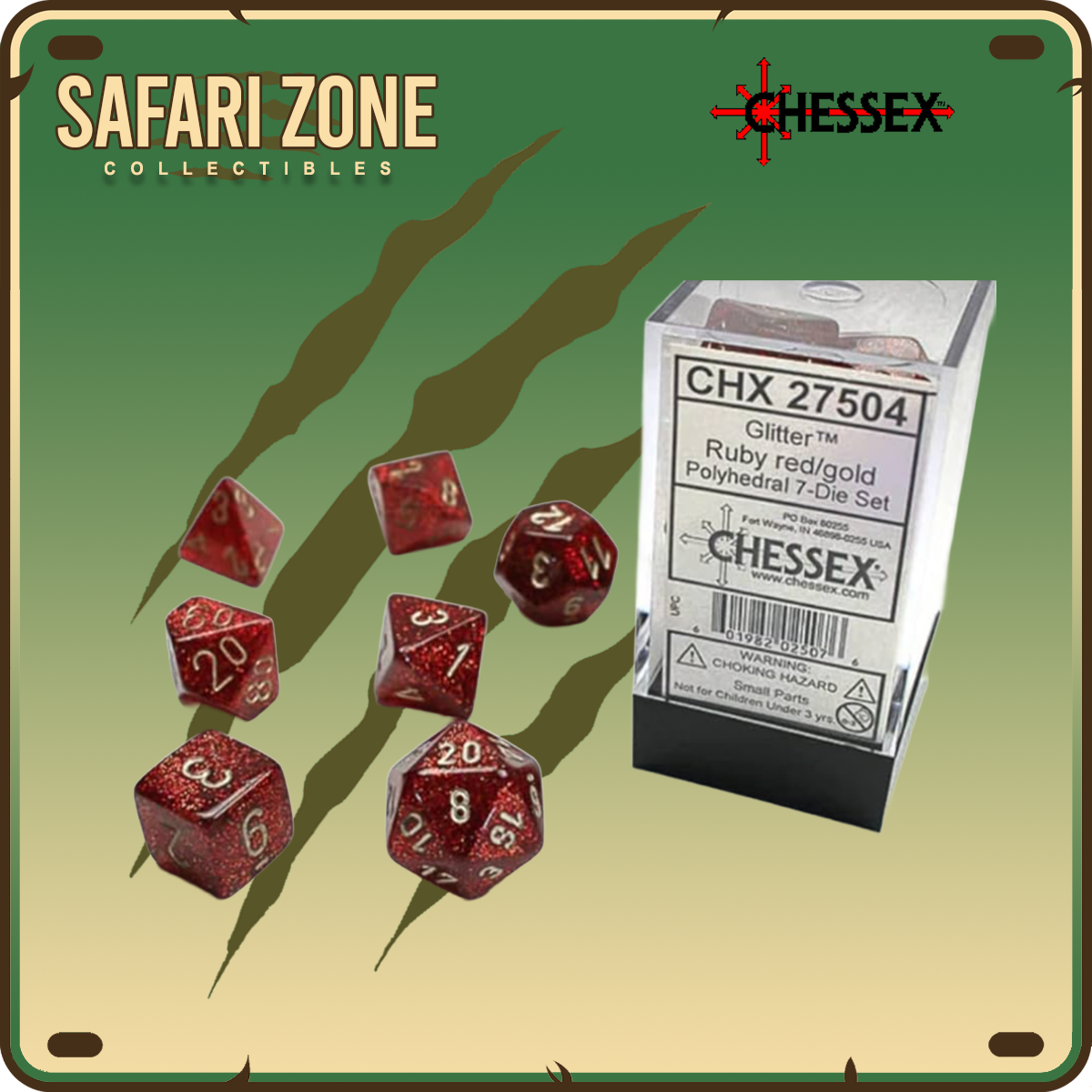 Chessex Dice - 7 Die Set - Glitter - Ruby Red / Gold