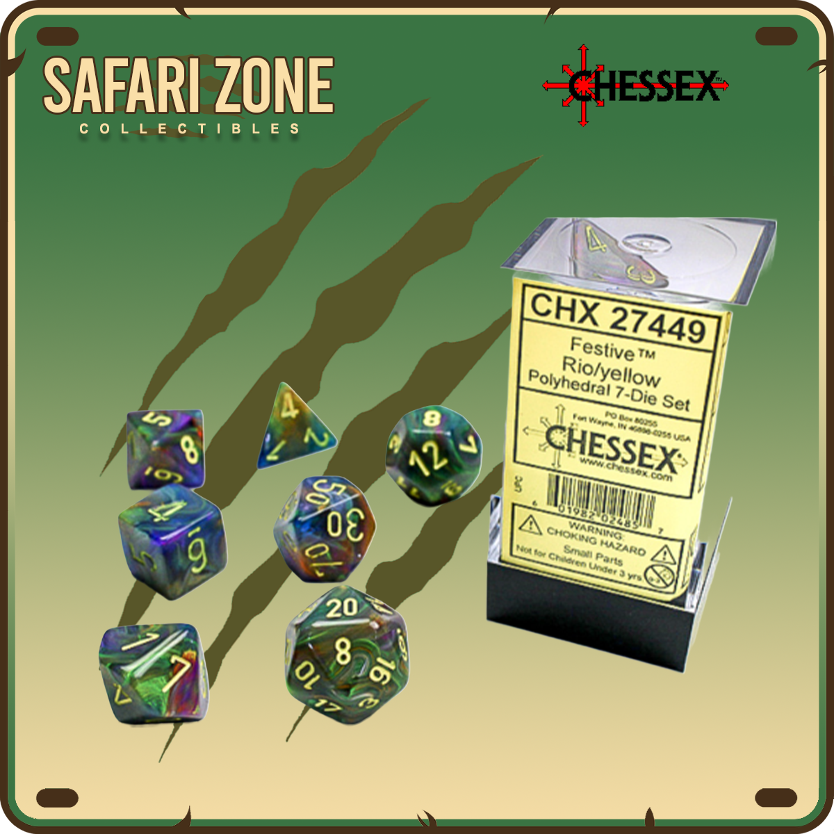 Chessex Dice - 7 Die Set - Festive - Rio/Yellow