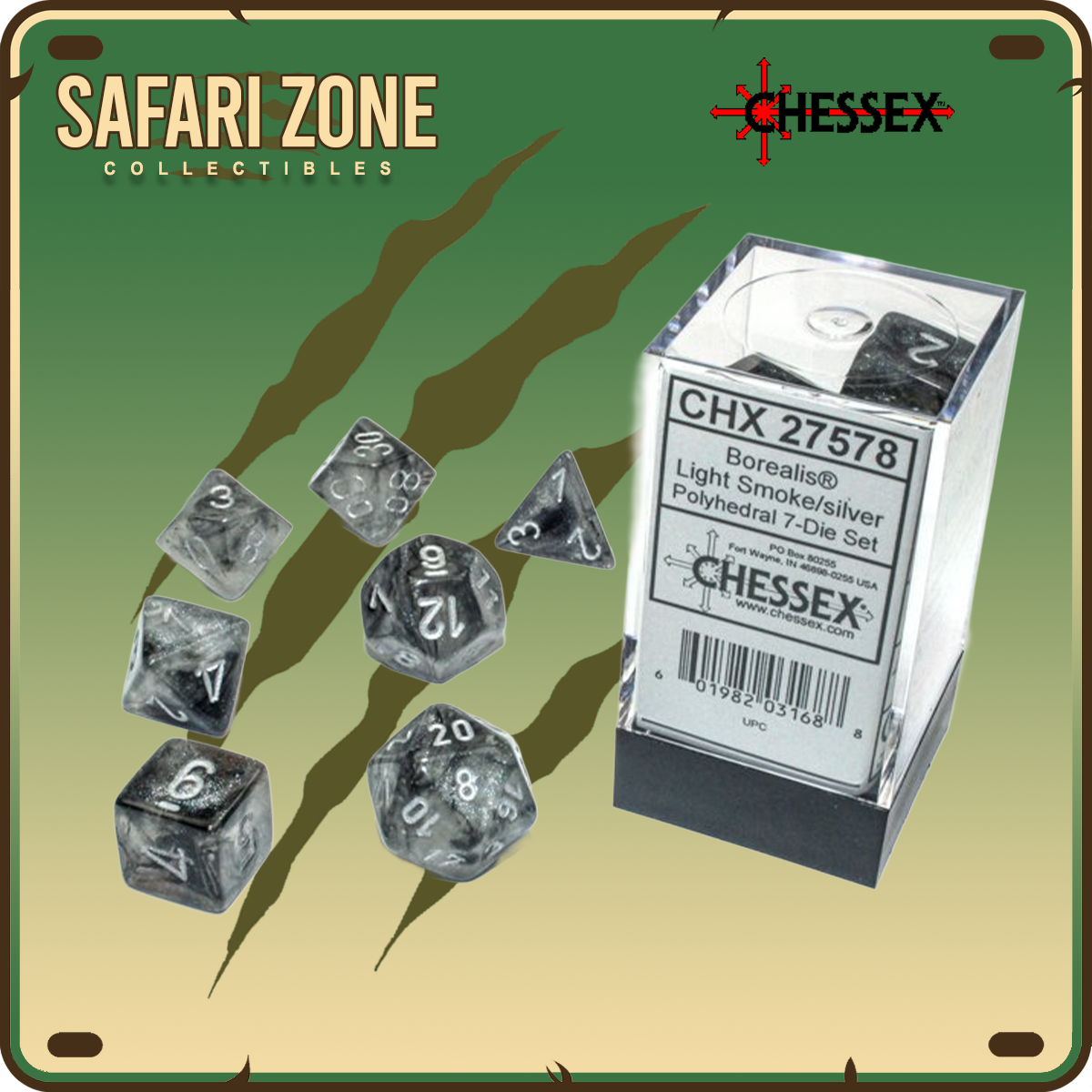 Chessex Dice - 7 Die Set - Borealis - Light Smoke / Silver