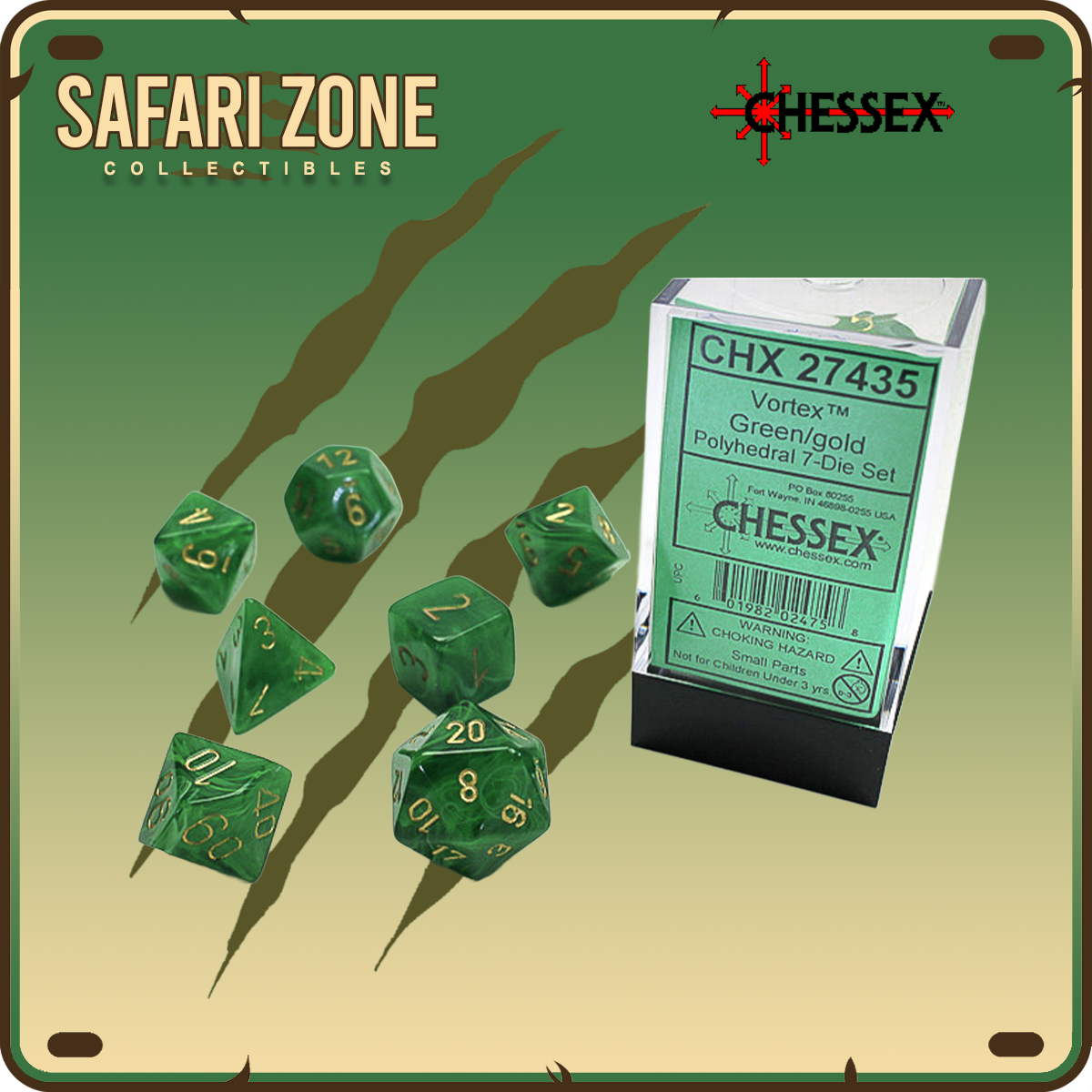 Chessex Dice - 7 Die Set - Vortex - Green / Gold