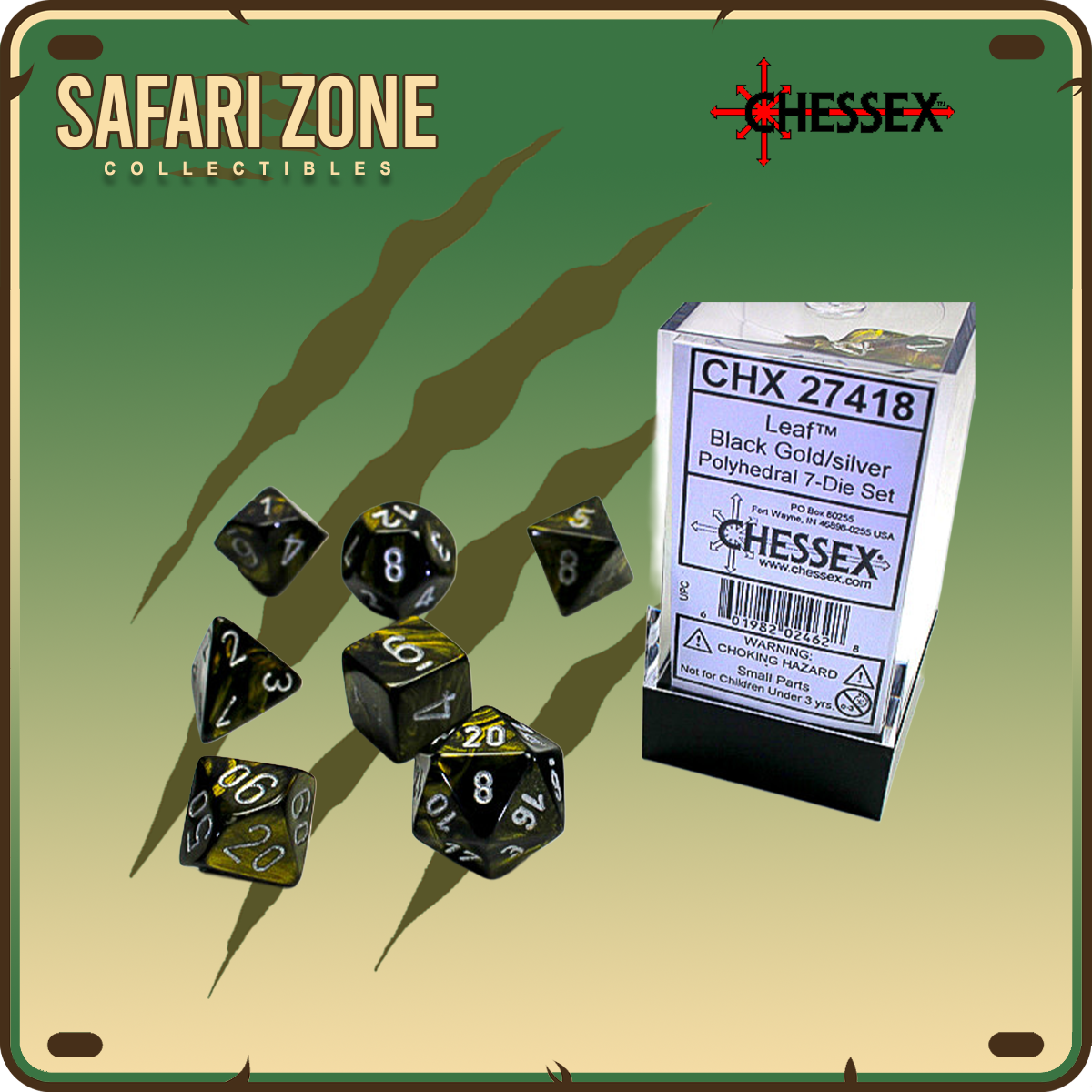 Chessex Dice - 7 Die Set - Leaf - Black Gold / Silver