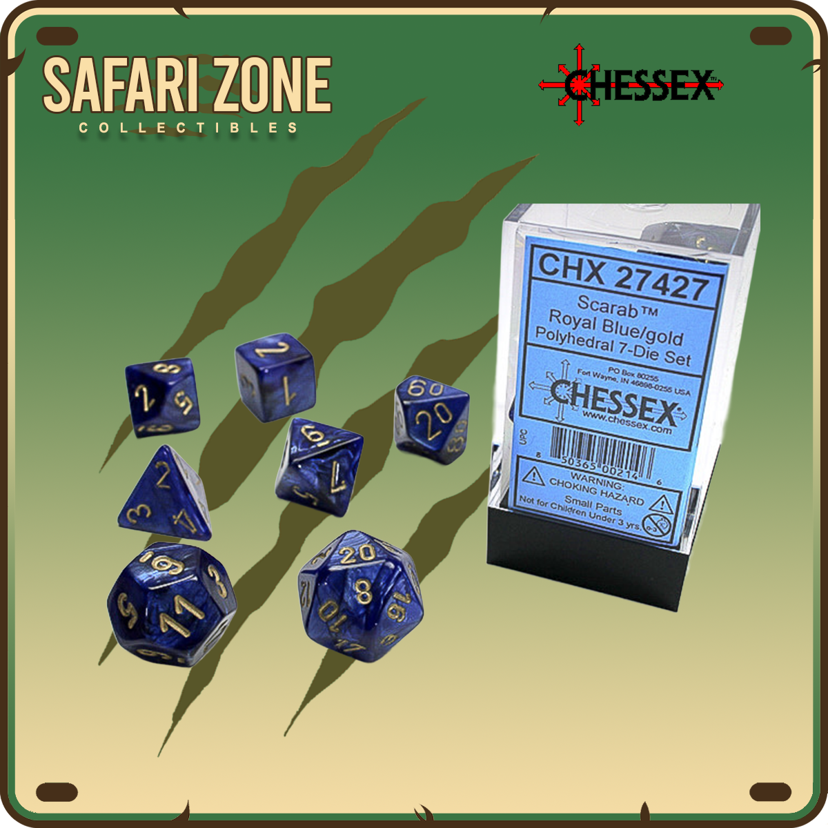 Chessex Dice - 7 Die Set - Scarab - Royal Blue/Gold