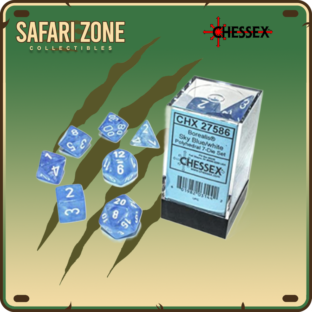 Chessex Dice - 7 Die Set - Borealis - Sky Blue / White