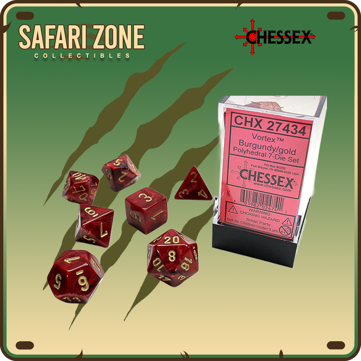 Chessex Dice - 7 Die Set - Vortex - Burgundy / Gold
