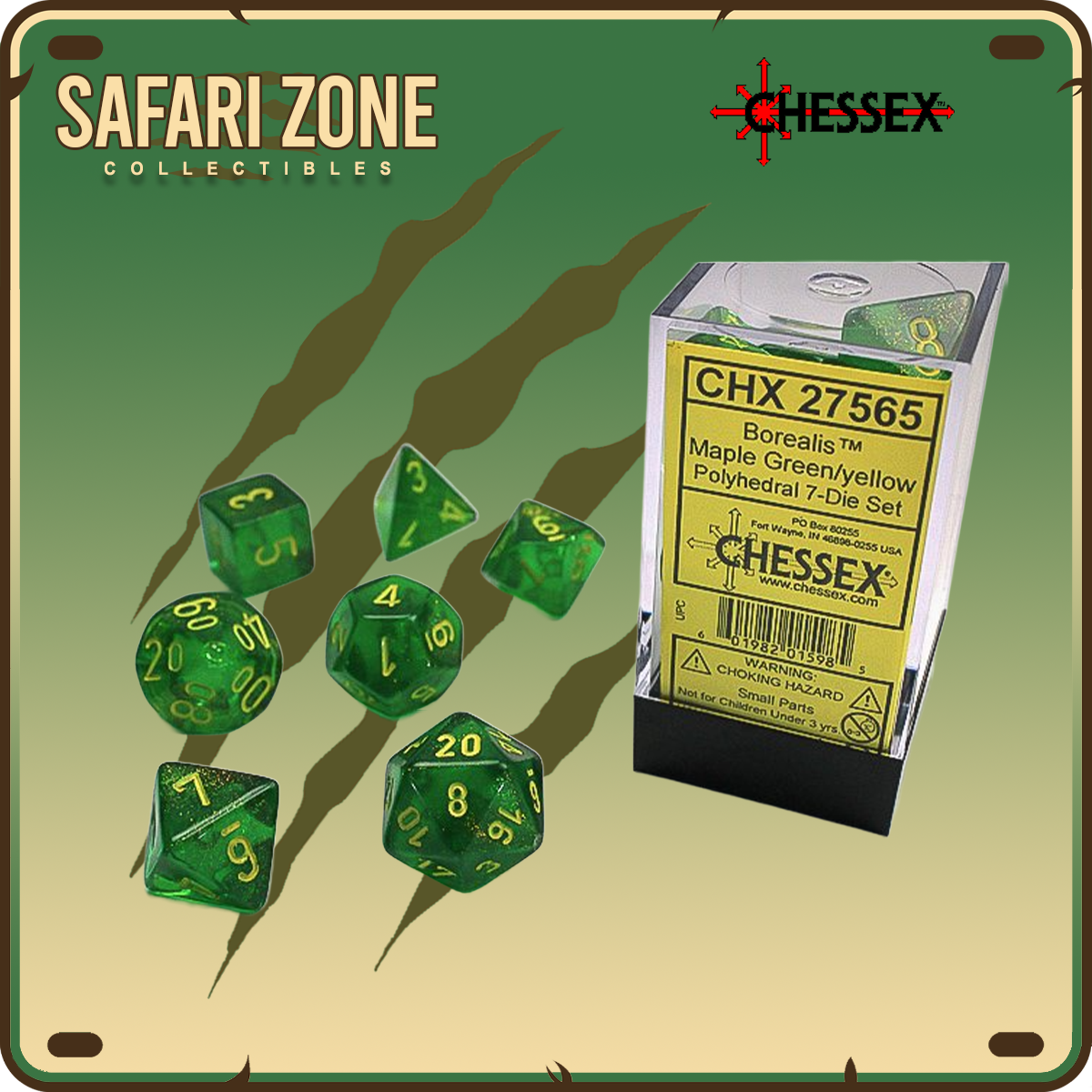 Chessex Dice - 7 Die Set - Borealis - Maple Green / Yellow