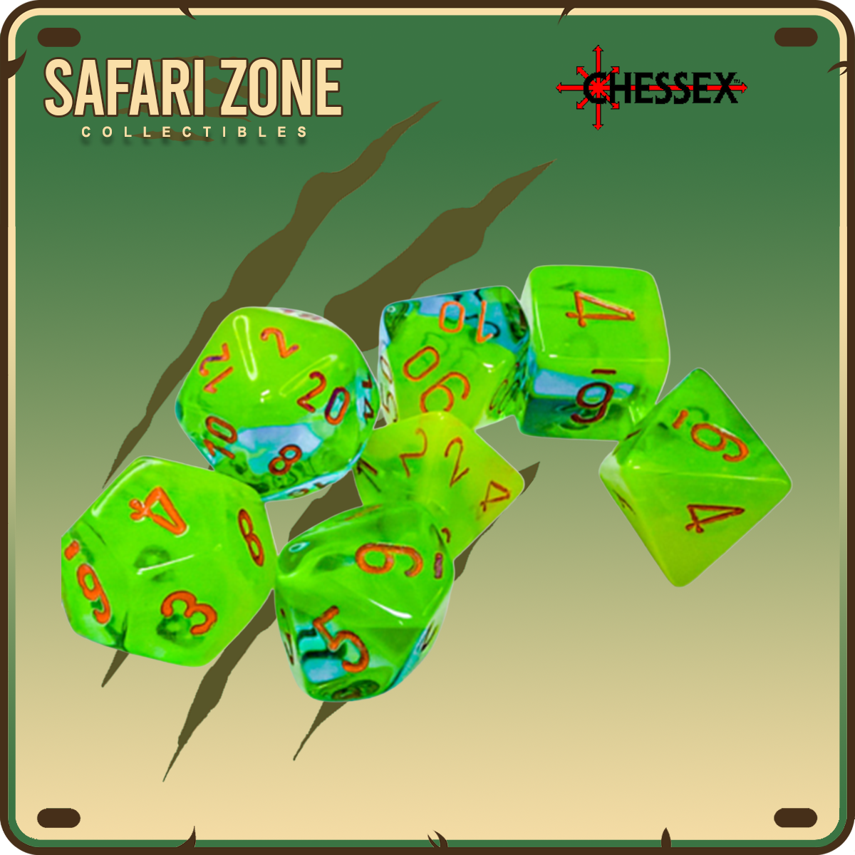 Chessex Dice - 7 Die Set - Plasma Green - Teal/Orange