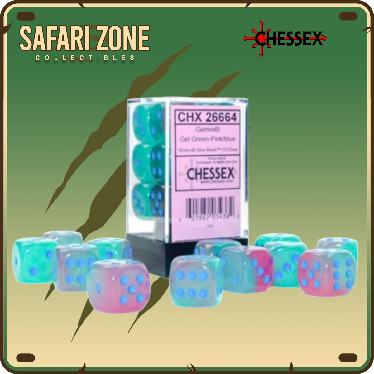 Chessex Dice - 16mm - Gemini - Gel Green-Pink/Blue