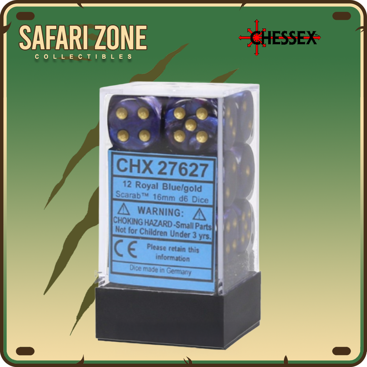 Chessex Dice - 16mm - Scarab - Royal Blue / Gold