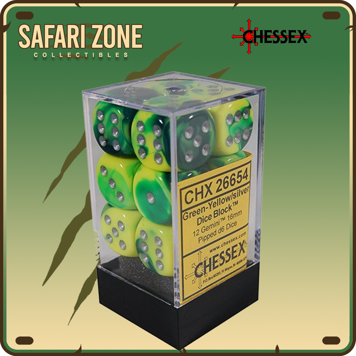 Chessex Dice - 16mm - Gemini - Green-Yellow/Silver