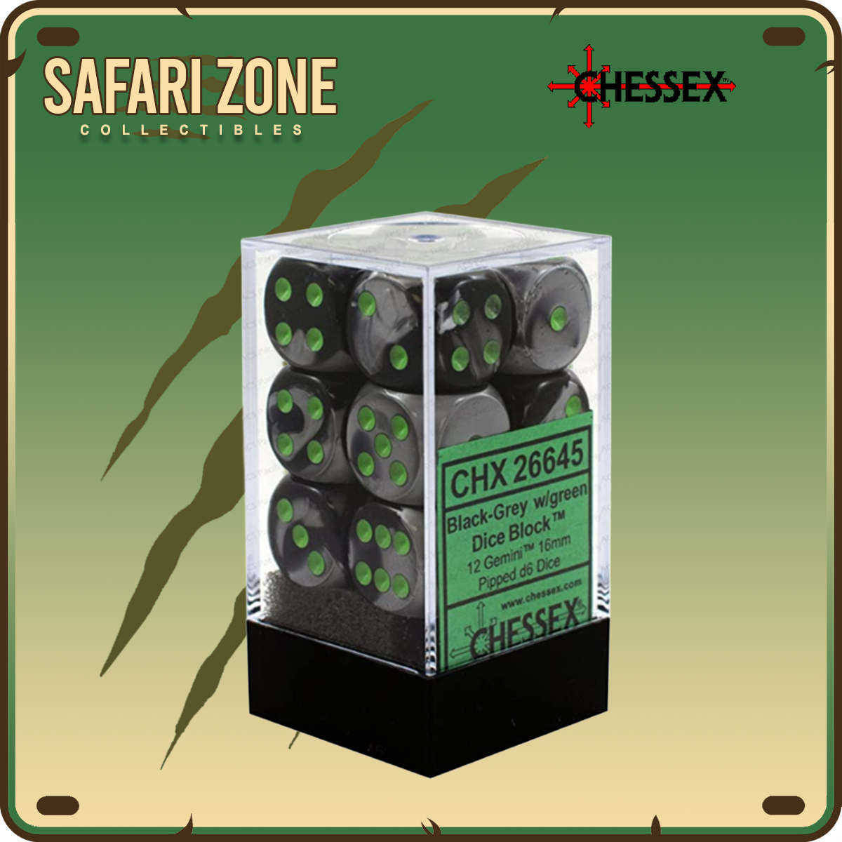 Chessex Dice - 16mm - Gemini - Black-Grey/Green