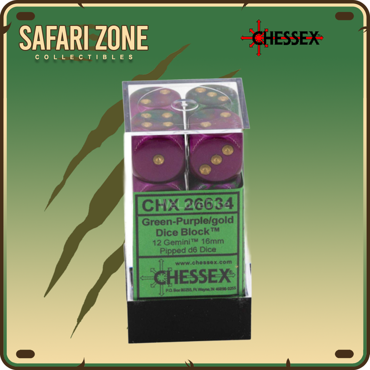 Chessex Dice - 16mm - Gemini - Green-Purple/Gold