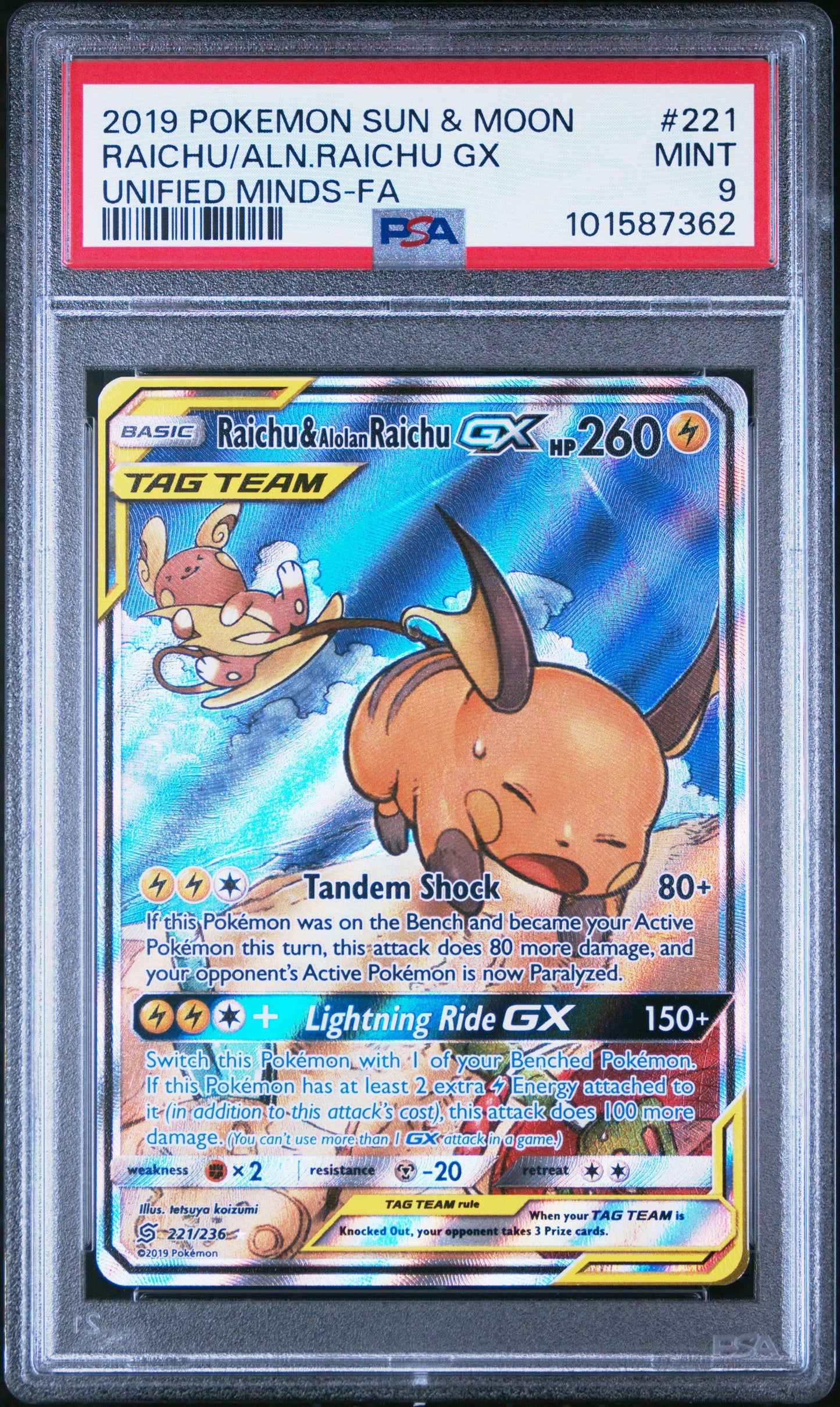 PSA 9 - Raichu & Alolan Raichu GX Alt Art - 221/236