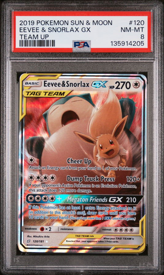 PSA 8 - Eevee & Snorlax GX 120/181