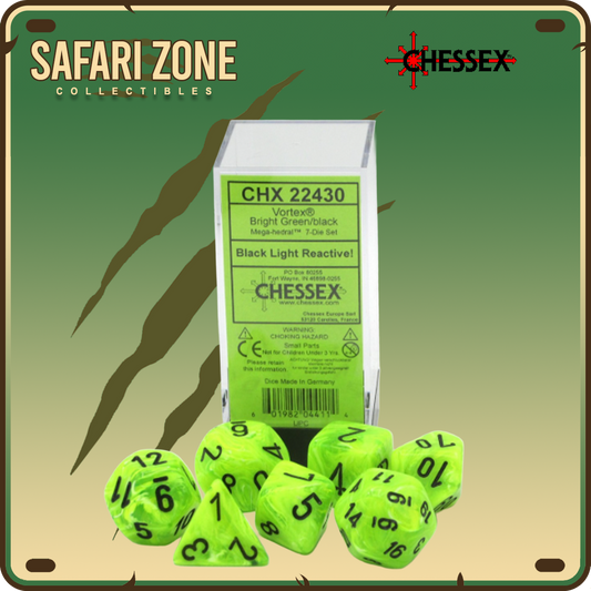 Chessex Dice - Mega-Hedral Vortex Bright Green/Black 7-Die Set