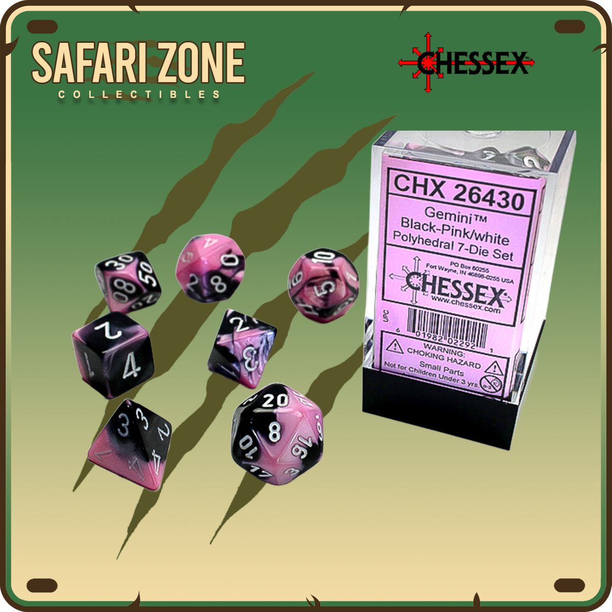 Chessex Dice - 7 Die Set - Gemini - Black-Pink/White