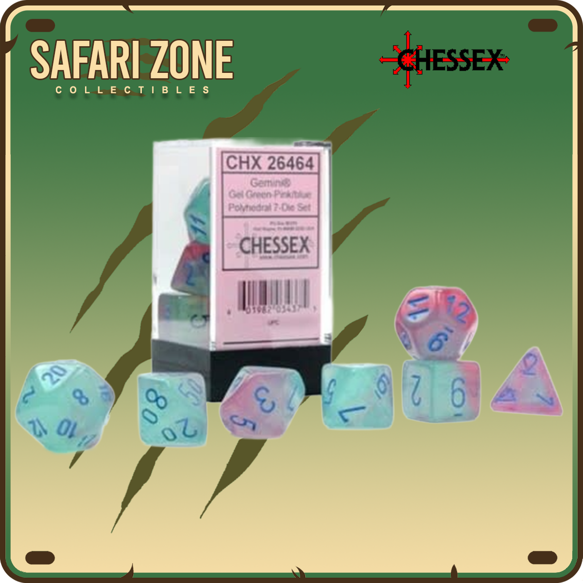 Chessex Dice - 7 Die Set - Gemini - Gel Green-Pink/Blue