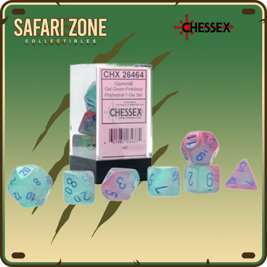 Chessex Dice - 7 Die Set - Gemini - Gel Green-Pink/Blue