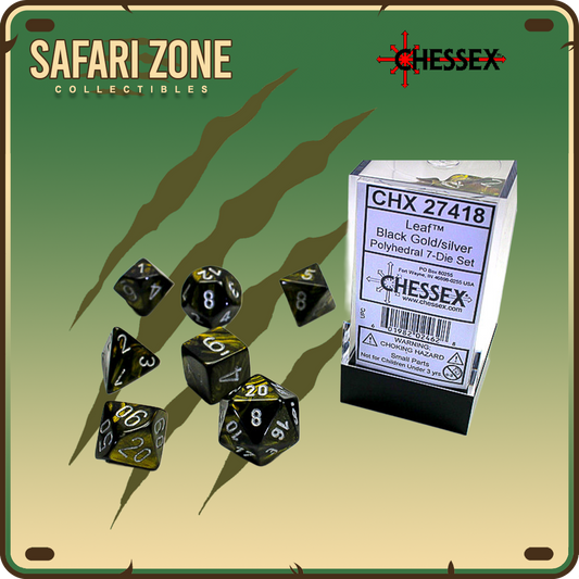 Chessex Dice - 7 Die Set - Leaf - Black Gold / Silver