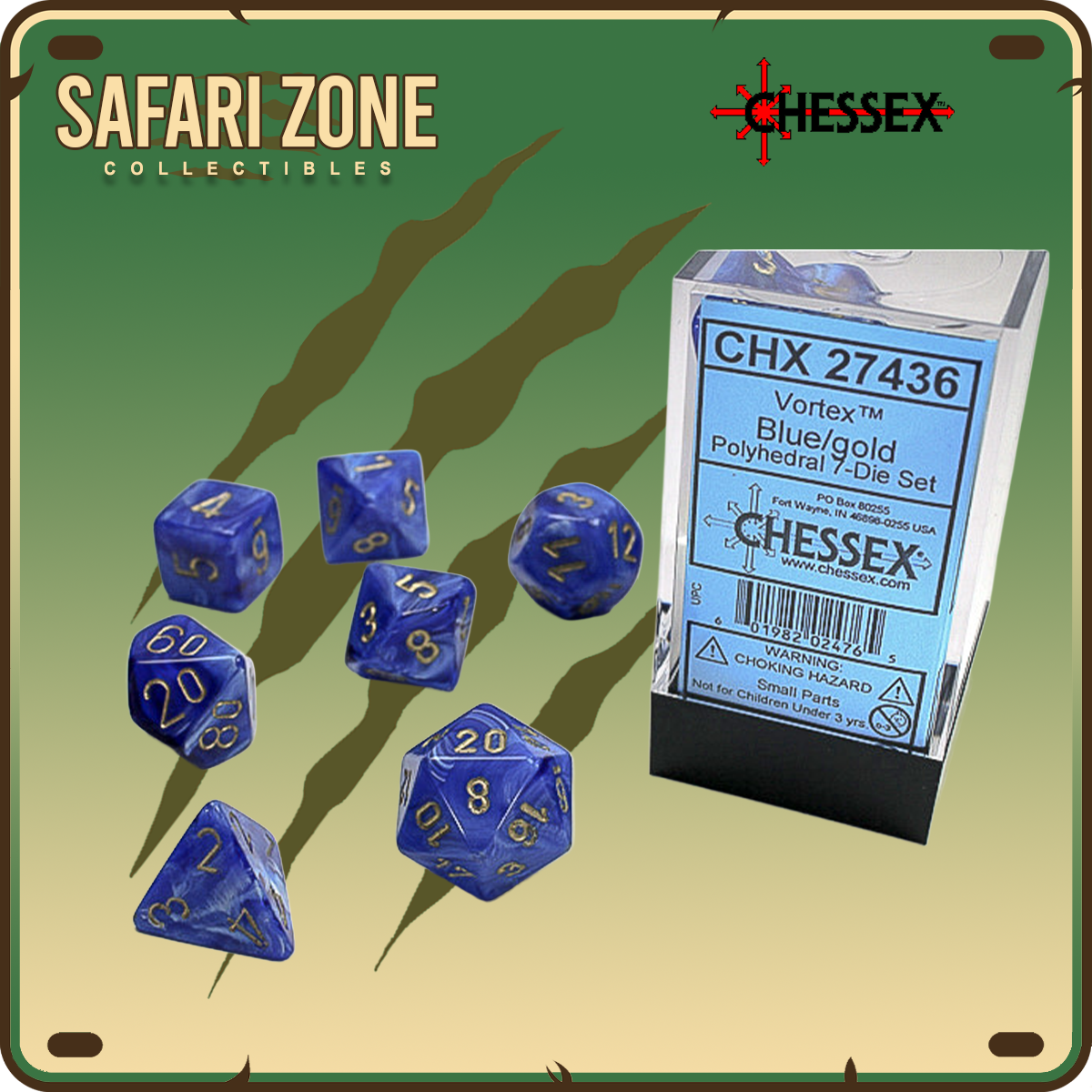 Chessex Dice - 7 Die Set - Vortex - Blue/Gold